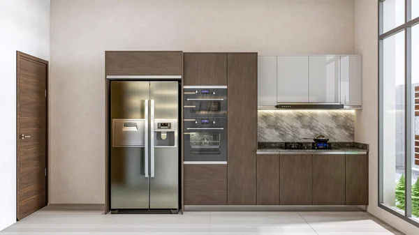 Vykreslování Moderní Kuchyně Modulární Design Interiéru — Stock fotografie