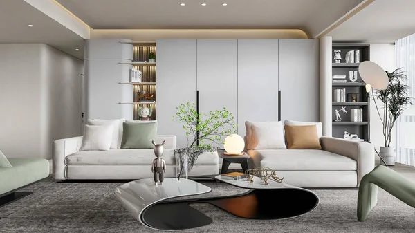 Vykreslování Moderní Bílý Obývací Pokoj Design Interiéru — Stock fotografie