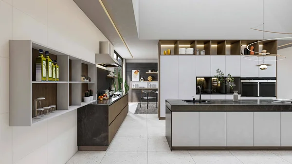 Rendering Moderne Keuken Voordeel Met Houten Kast Decoratie Interieur — Stockfoto