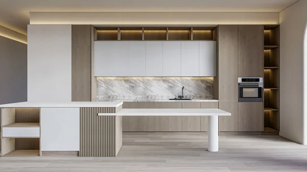 Rendering Moderno Vantaggio Cucina Con Mobili Legno Decorazione Interior Design — Foto Stock