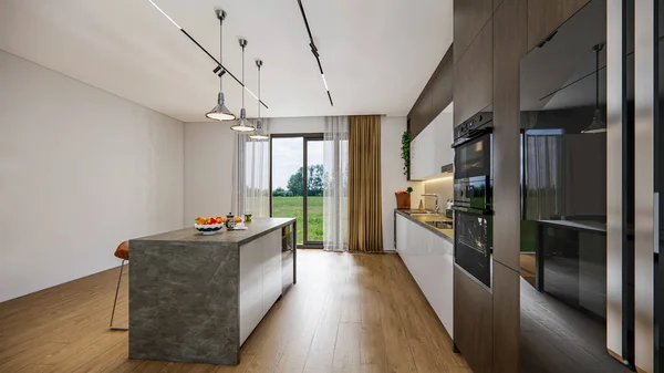 3D将现代厨房优势与木柜装饰室内设计相结合 — 图库照片