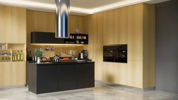 Rendering Modern Kitchen Advantage Wooden Cabinet Decoration Interior Design — Stock Photo, Image