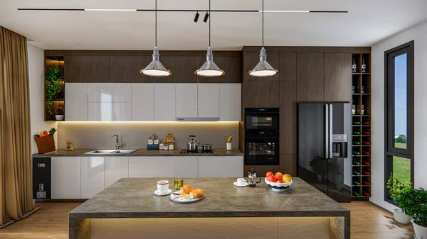 Rendering Moderne Keuken Voordeel Met Houten Kast Decoratie Interieur — Stockfoto