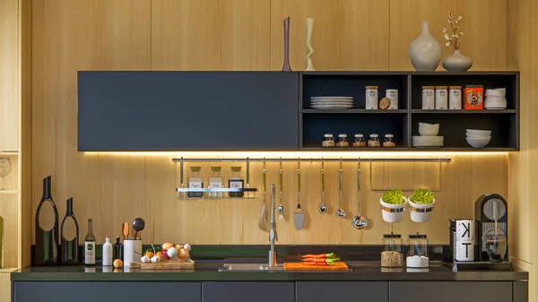Предоставление Современного Кухонного Преимущества Отделкой Интерьера Деревянного Шкафа — стоковое фото