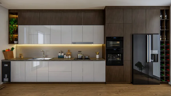 Memberikan Keuntungan Dapur Modern Dengan Desain Interior Dekorasi Kabinet Kayu — Stok Foto