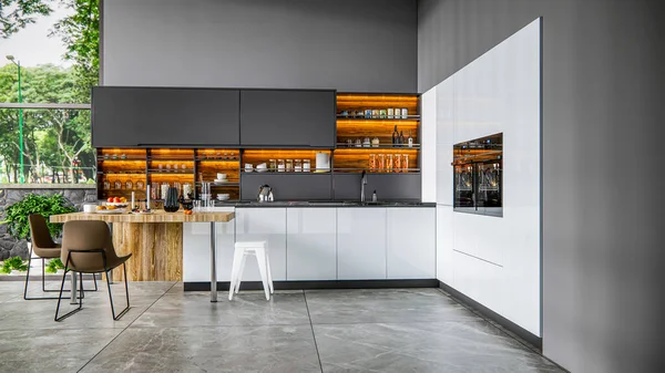 Renderizado Moderna Ventaja Cocina Con Decoración Gabinete Madera Diseño Interior — Foto de Stock
