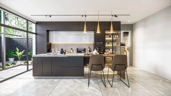 Renderização Moderna Cozinha Vantagem Com Decoração Armário Madeira Design Interiores — Fotografia de Stock
