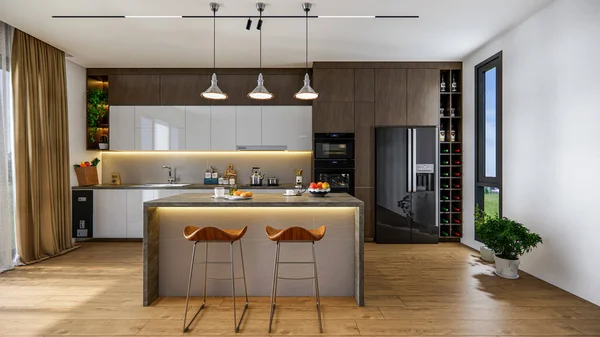 Rendering Modern Kitchen Advantage Wooden Cabinet Decoration Interior Design — Stock Photo, Image
