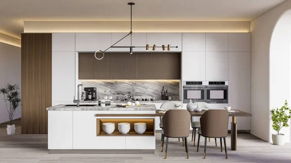 Rendering Moderne Küche Vorteil Mit Holzschrank Dekoration Innenarchitektur — Stockfoto