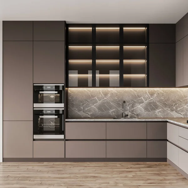 3d rendering mini kitchen with wooden cabinet and wooden floor