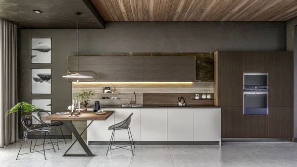 Rendering Modern Kitchen Advanced Interior Scene Design — Stock Photo, Image