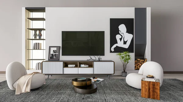Rendering Modern Wall Unit Living Room Interior Scene — Stock Photo, Image