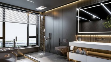 3D modern banyo tam sahne iç dekorasyonu 