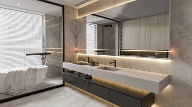 3D modern banyo tam sahne iç dekorasyonu 