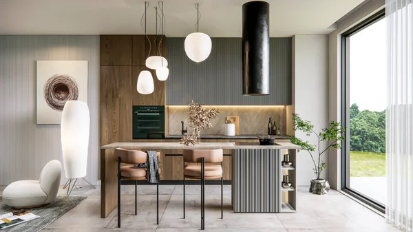 Rendering Moderne Küche Erweiterte Modellierung Voller Szene Interieur — Stockfoto