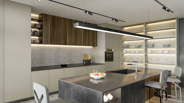 Rendering Moderne Keuken Geavanceerde Modellering Volledige Scène Interieur — Stockfoto