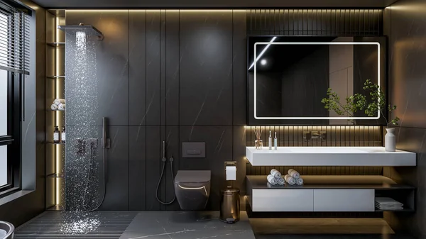 Vykreslení Moderní Koupelna Full Scene Interiér — Stock fotografie