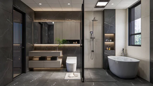 Vykreslení Moderní Koupelna Full Scene Interiér — Stock fotografie