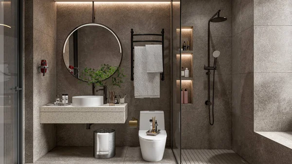 3D渲染现代浴室全景内部 — 图库照片