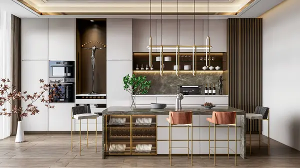 3d render modern kitchen with cabinet furniture and dining table interior design