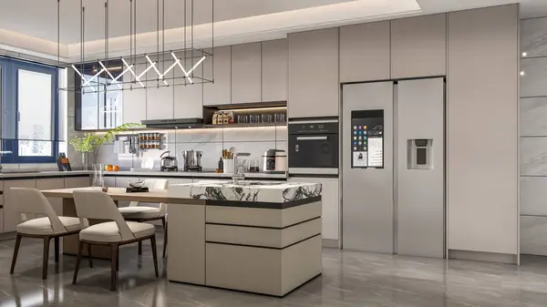 Renderizar Cozinha Moderna Com Mobiliário Gabinete Mesa Jantar Design Interiores — Fotografia de Stock