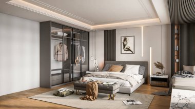 3D görüntüleme modern yatak odası iç mekan tasarımı