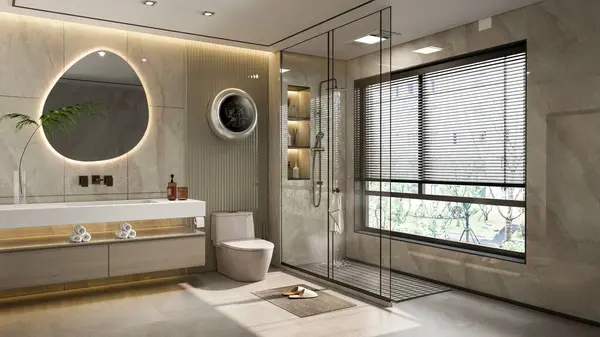Rendering Moderne Badeværelse Fuld Scene Interiør Design - Stock-foto
