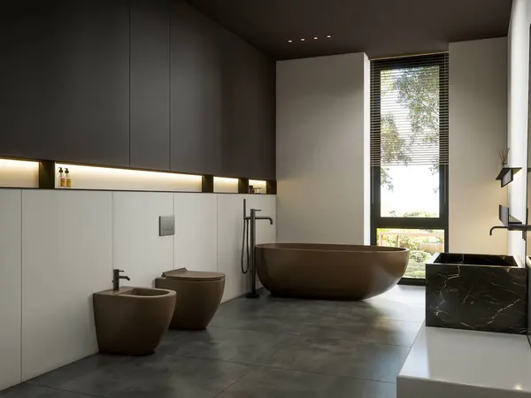 3D渲染现代浴室全景室内设计 — 图库照片