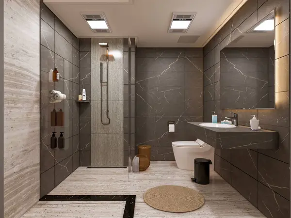 Rendering Moderne Badeværelse Fuld Scene Interiør Design - Stock-foto