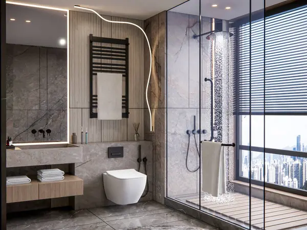 Renderizado Baño Moderno Escena Completa Diseño Interiores — Foto de Stock