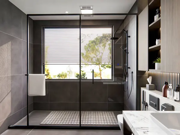 Renderizado Baño Moderno Escena Completa Diseño Interiores — Foto de Stock