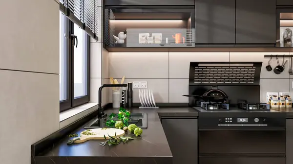 Renderizar Cozinha Moderna Com Mesa Jantar Interior — Fotografia de Stock