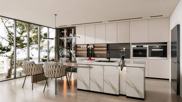 Render Modern Dapur Dengan Meja Makan Interior — Stok Foto