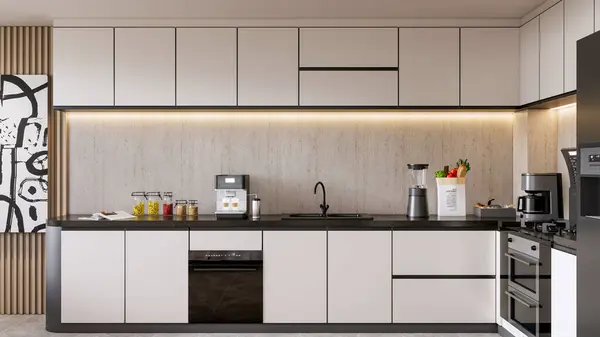 Renderizar Cozinha Moderna Com Mesa Jantar Interior — Fotografia de Stock
