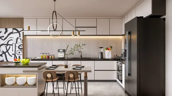 Maken Moderne Keuken Met Eettafel Interieur — Stockfoto