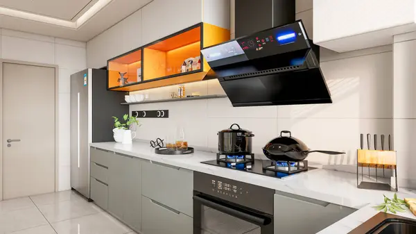 Vykreslování Moderní Kuchyně Pokročilý Model Kompletní Scéna Jídelním Stolem Designem — Stock fotografie