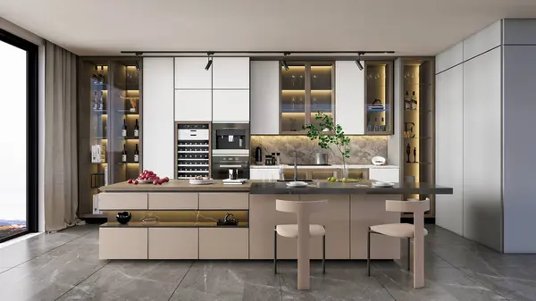 Rendering Moderne Keuken Geavanceerde Model Volledige Scène Met Eettafel Stoel — Stockfoto