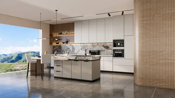 Rendering Moderne Küche Fortschrittliche Modell Voller Szene Mit Esstisch Und — Stockfoto