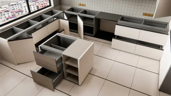Rendering Modern Kitchen Tile Floor Shelf Cabinets — Stock Photo, Image