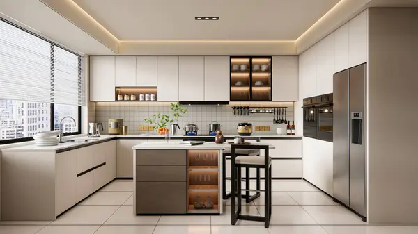 Renderização Cozinha Moderna Com Piso Azulejos Armários Prateleira — Fotografia de Stock
