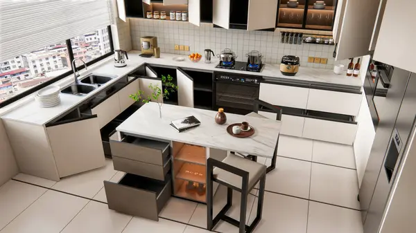 Vykreslování Moderní Kuchyně Dlaždicovou Podlahou Police Skříně Royalty Free Stock Obrázky