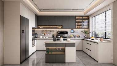 3D modern mutfağı açık raf dolapları ile tamamen parametrik olarak üretilebilir hale getirmek