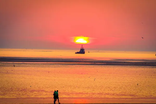 Sahilde güzel bir gün batımı. Bu fotoğraf güzel bir yaz gününün son anlarını yakalar..