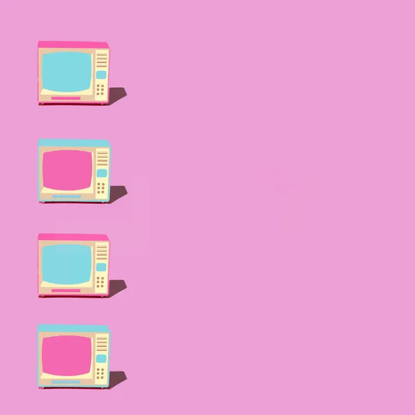 Four retro televisions, TV sets, arranged in a vertical row, colorfun  TV boxes  for watching movies in the pink background.