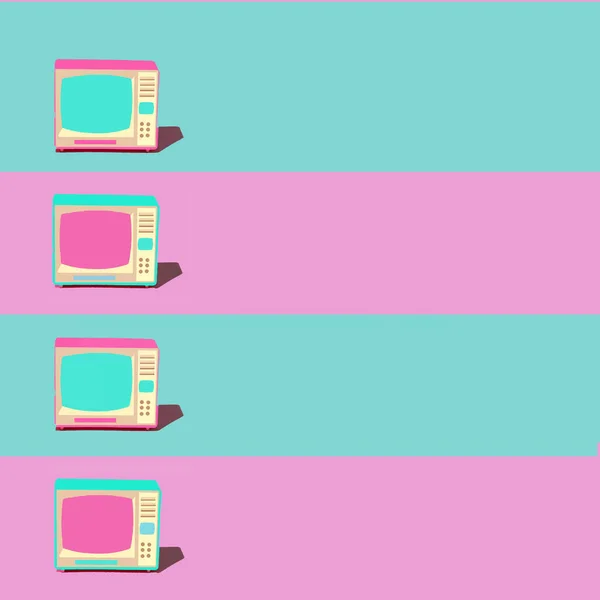 Four retro televisions, TV sets, arranged in a vertical row, blue and pink TV boxes and colorful screens for watching movies in the light background.