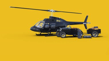 Mavi arka planda pervanesi olan sarı bir helikopterin 3D görüntüsü