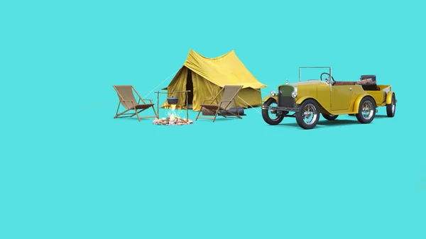 青い背景にトレーラーと麦藁帽子でテントをキャンプ 3Dレンダリング — ストック写真