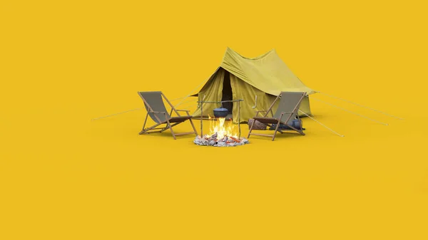 青い背景に黄色のテントの3Dレンダリング — ストック写真