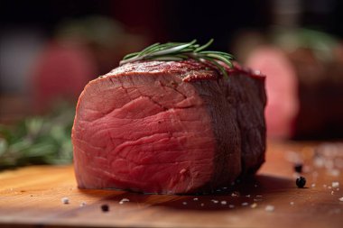 Biberiyeli çiğ biftek ve ahşap masada baharatlar.