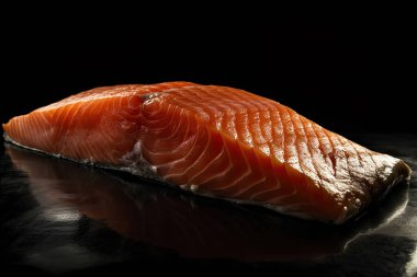 Siyah arka planda limonlu ve biberiyeli somon filetosu.